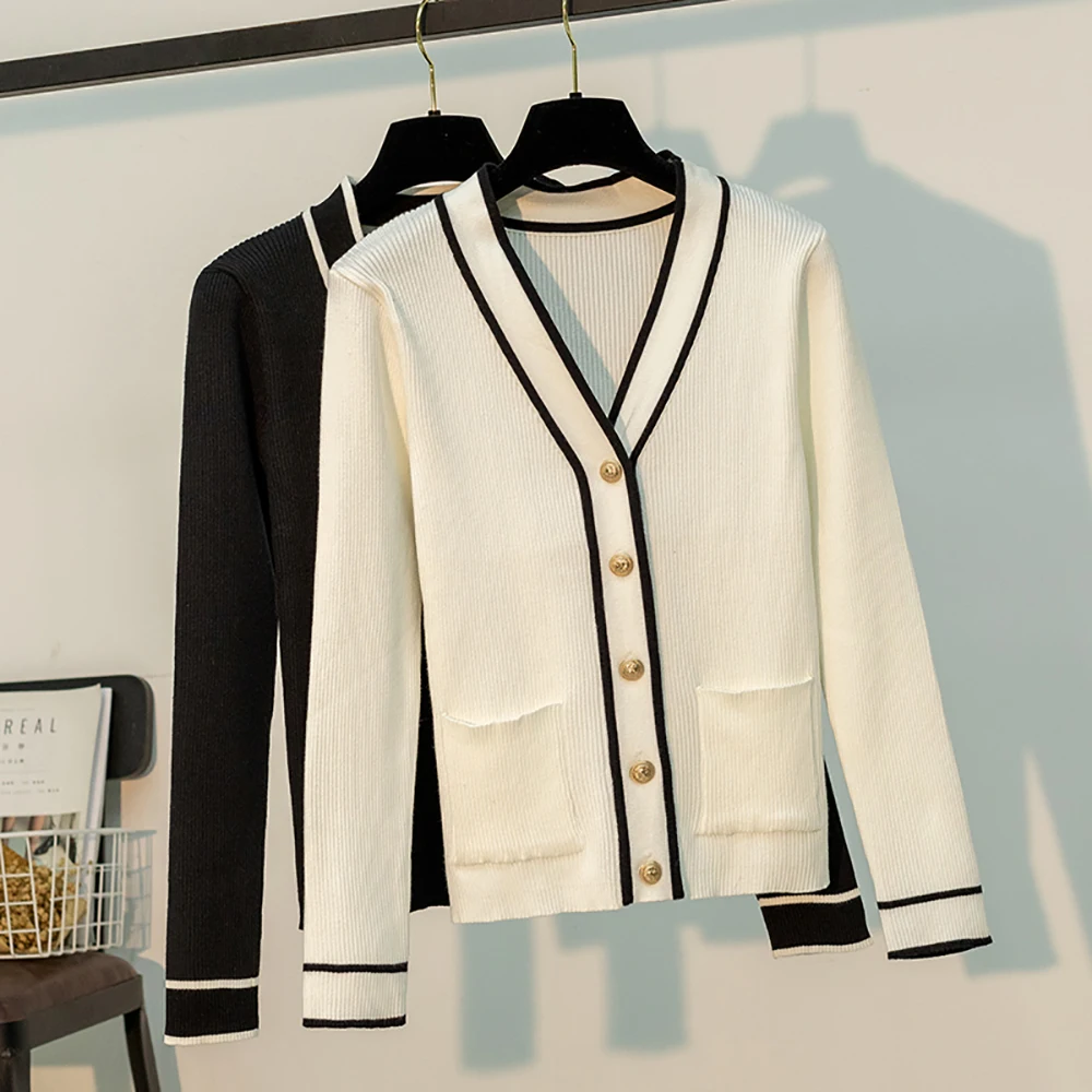 

Spring Autumn Patchwork Metal Button Cotton Cardigan Women Long Sleeve V-Neck Baggy Loose S-XL Slim Woman Sweater Tops