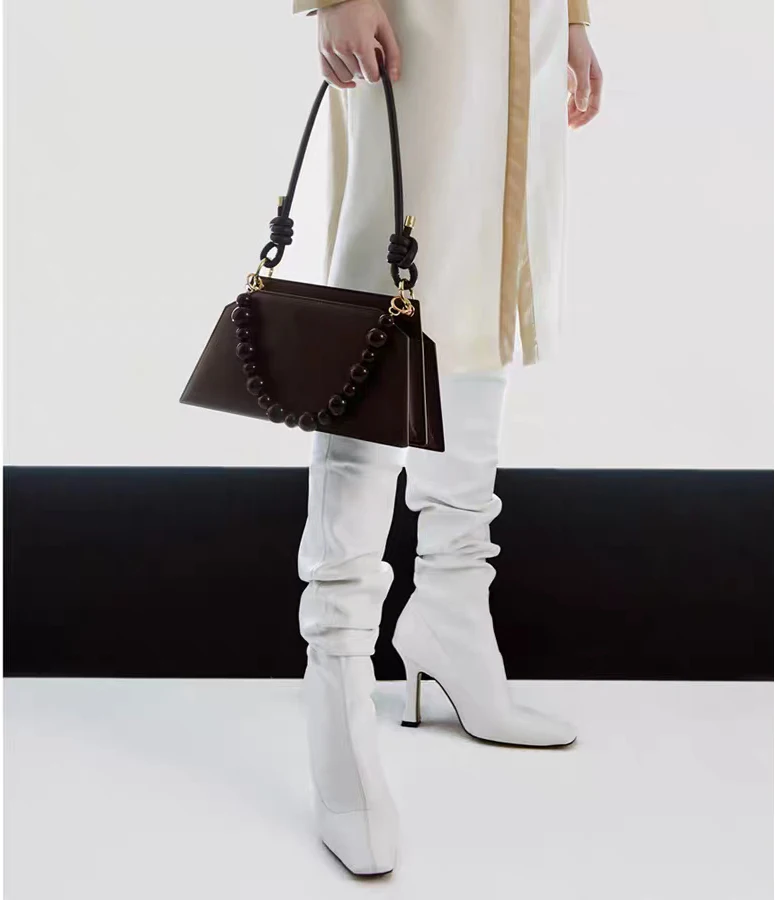 

real leather Beaded handle shoulder bags cow leather crossbody Baguette bags