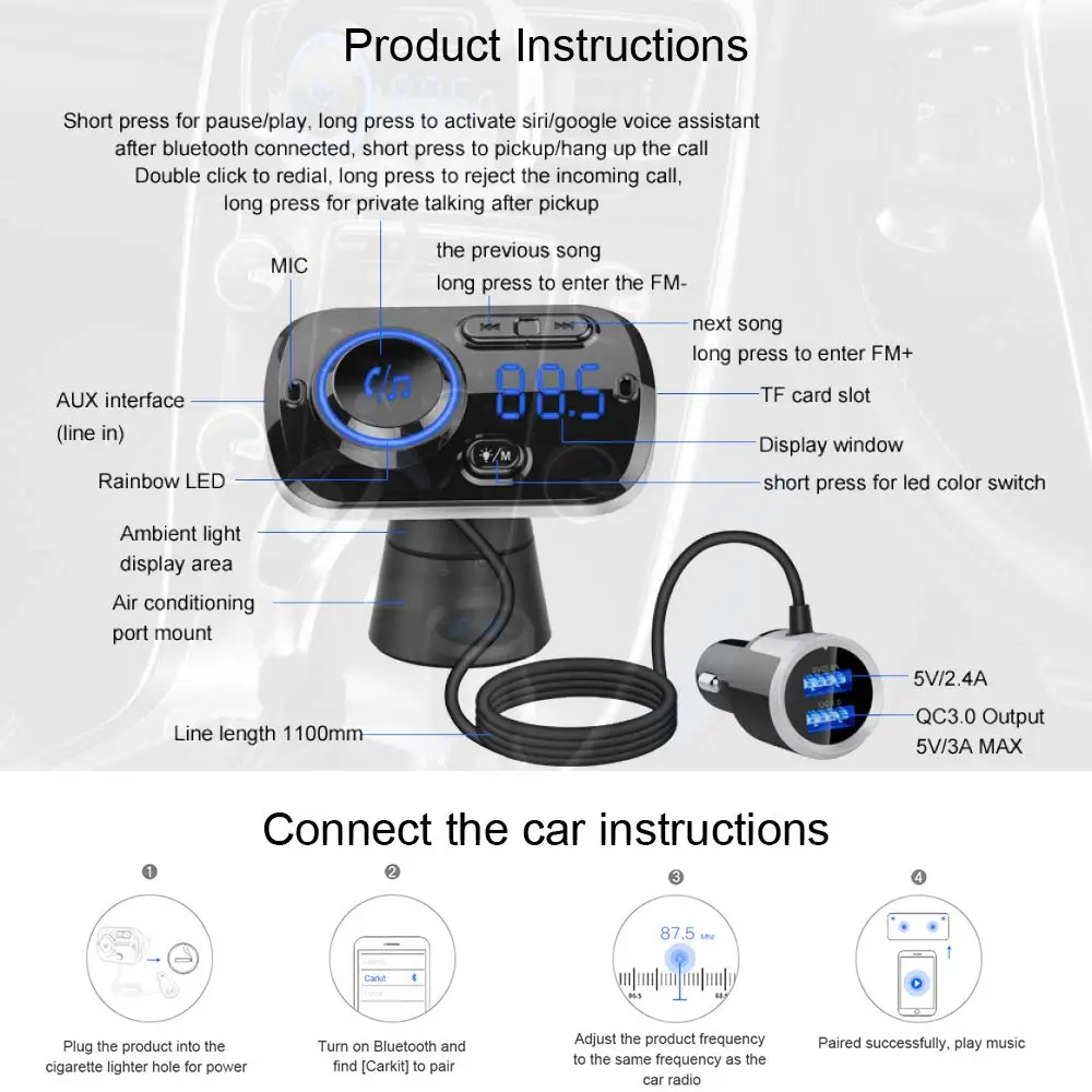 

Bluetooth 5.0 Handsfree Car Kit FM Transmitter Wireless QC3.0/2.4A USB Car Charger Kit Support 2 Mobile Phones Connection TF USB