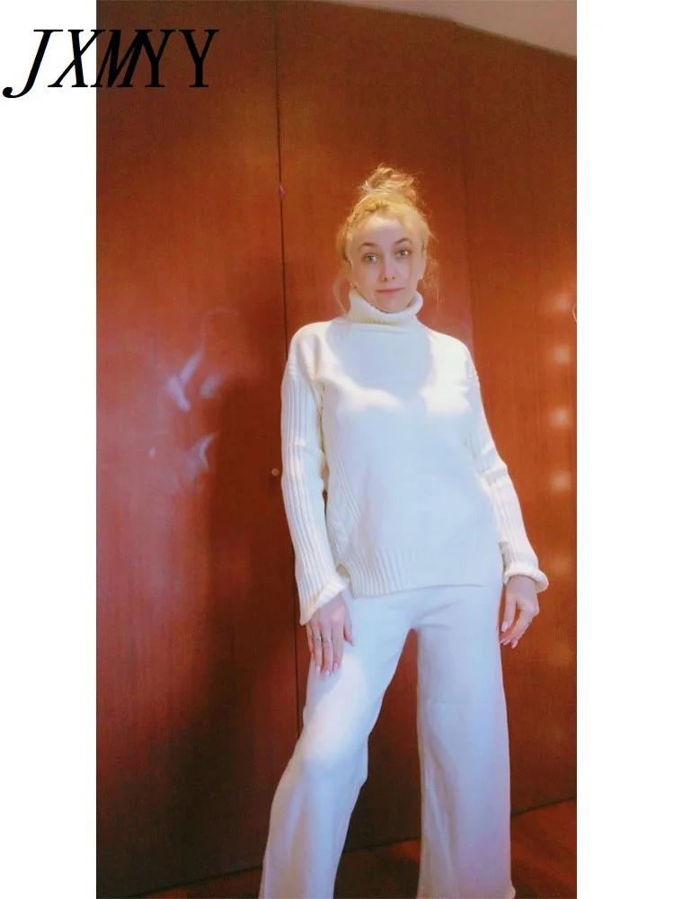 Qiu Dong Han Edition Turtleneck Split With Thick Sweater Wide-Legged Pants Two-Piece Goddess Languid Is Lazy Wind Loose Knitted |