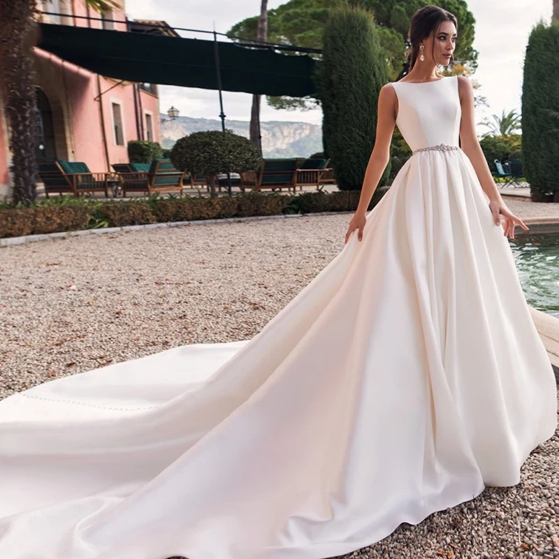 

Роскошное матовое мягкое атласное свадебное платье без рукавов с бриллиантовым поясом, Милое Свадебное платье с круглым вырезом и открытой...