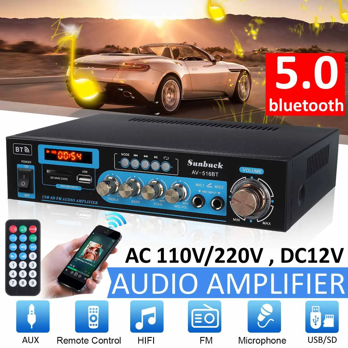 

AV-516BT 2500W Home Car Amplifiers 2 Channel bluetooth 5.0 Surround Sound FM USB Remote Control HIFI Digital Amplifier Stereo