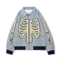 2021 skeleton embroidery punk retro men zipper denim jacket hip hop coat light blue wash zip up jeans outerwear vintage clothes