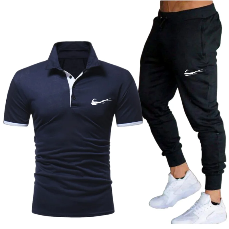 

New male high quality knitted polo shirt + sweatpants 2-piece set of color matching lapel breathable baseball uniform for men