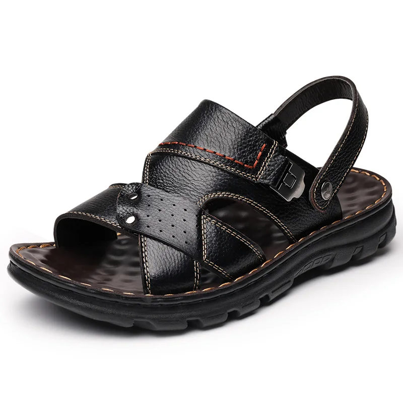

new arrival men's fashion beach sandals open toe cow leather shoes summer slippers comfortable platform flip flop sandale homme