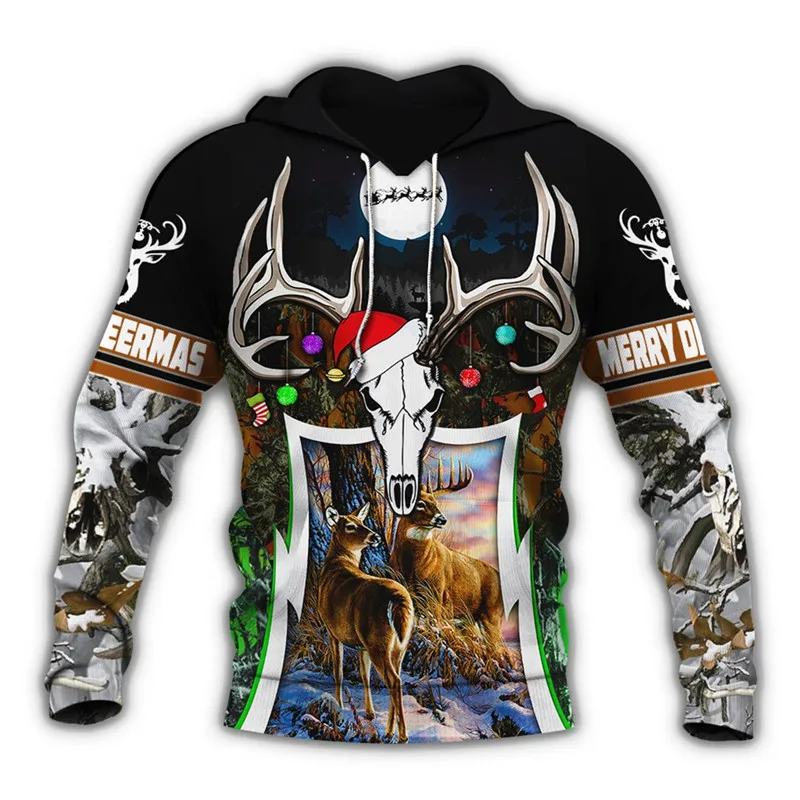 

Fashionable 3D printed Christmas deer hunting men's Hoodie fashion casual Sweatshirt Street jacket autumn zipper Hoodie