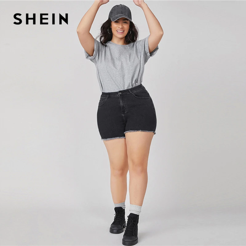 

SHEIN Plus Size Frayed Edge Solid Denim Shorts Women 2021 Summer High Waist Zipper Fly Straight Leg Ladies Casual Shorts