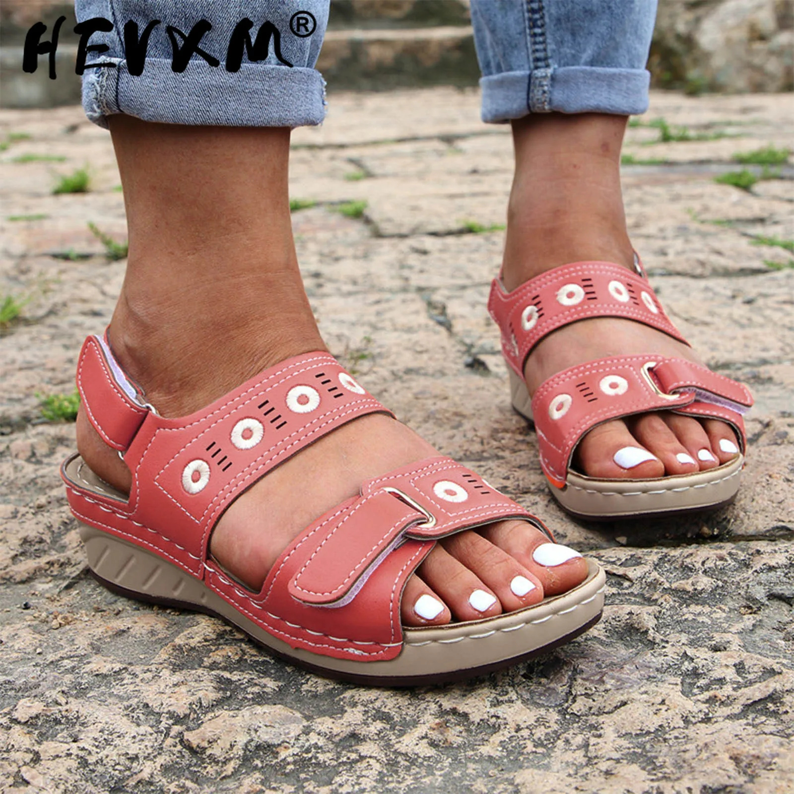 

Женские сандалии с открытым носком, босоножки на плоской подошве, повседневная обувь на платформе, цветочные полосатые, большие размеры