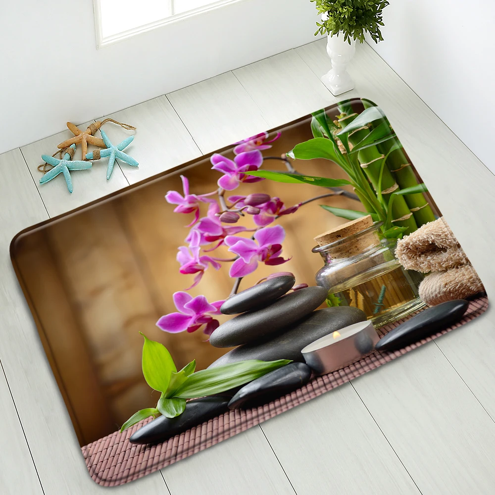 

Zen Stone Bath Mat Green Leaf Flower Bamboo Plant Shower Room Non-Slip Pads Bedroom Kitchen Door Mats Carpet Washable Home Decor