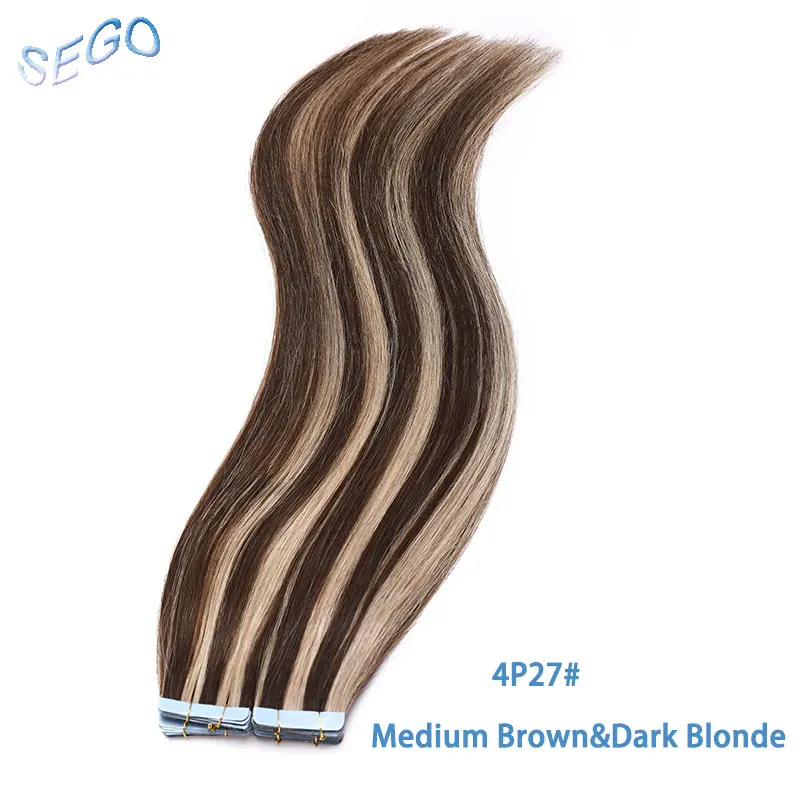 SEGO1"-24" 2,5 г/шт. 10/20 шт. волосы на Клейкой Ленте имитирующей кожу волосы, прямые, лента(с чешуйками в одном направлении), опт, не Волосы remy двусторонний скотч волосы для увеличения объема - Цвет: #4/27