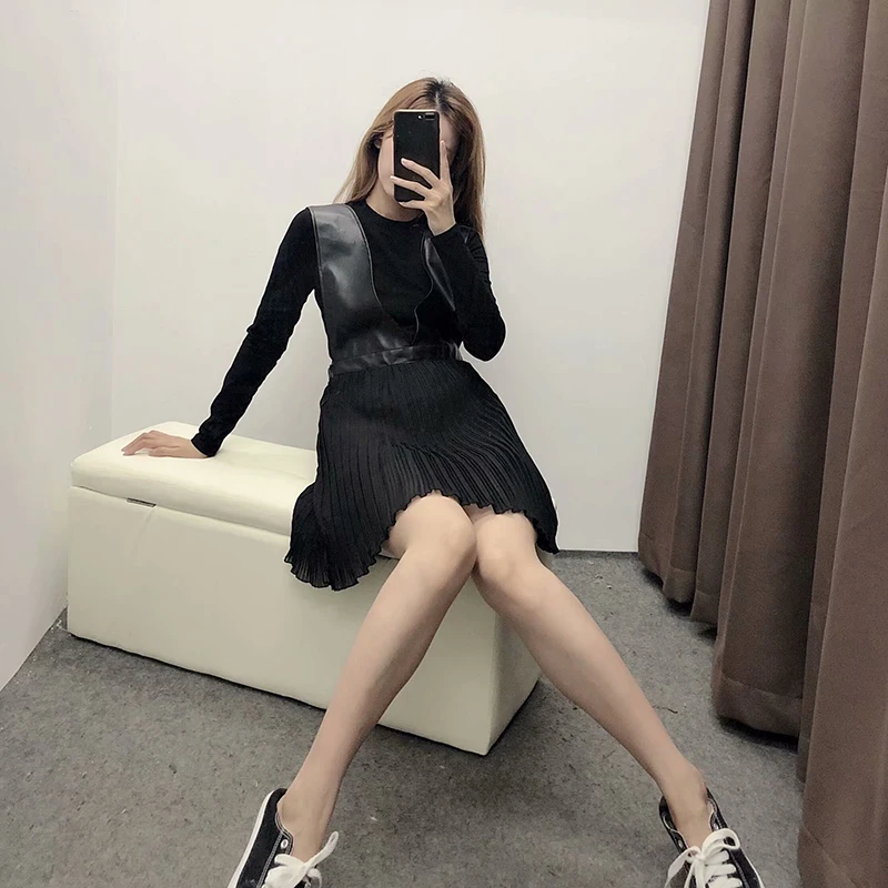 Vestidos весеннее черное шифоновое платье без рукавов из искусственной кожи Patcwhrok
