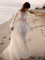 a line lace long sleeve wedding dress 2021 with flowers tulle sheer v neck boho bridal gowns vestido de novia plus size