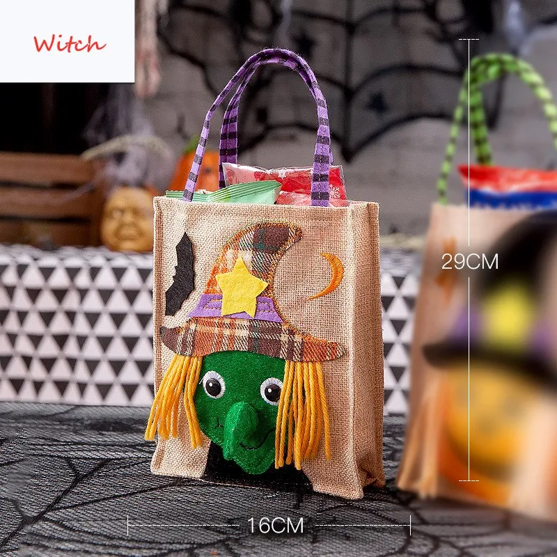 

HOT 1pc linen Candy Bag Halloween Bags Trick or Treat Bags with Decoration Halloween Sack Decoration Gift bag witch