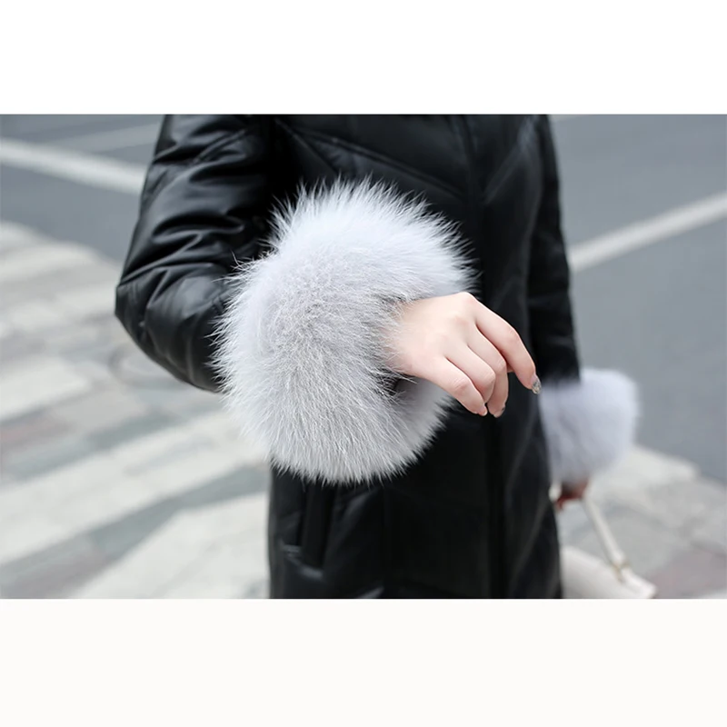 New Women Leather Down Coat Winter Fashion Real Fox Fur Collar & Cuff Slim Long Sheepskin Down Overcoat Thicken Warm Outerwear