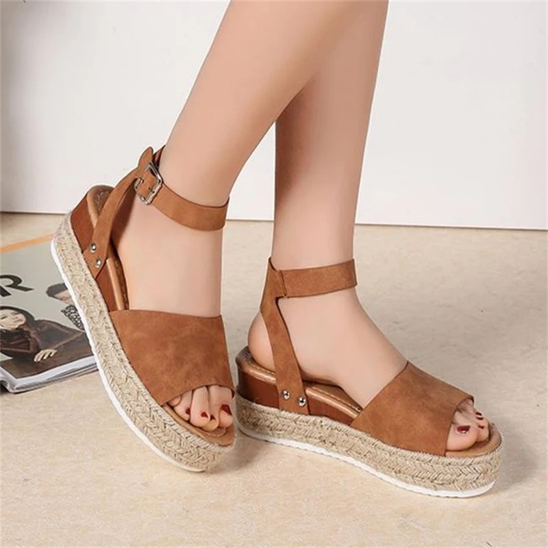 

Women Plus Size Wedges Shoes Female Hemp Rope Weave High Heels 2021 Summer Ankle Buckles Chaussures Femme Platform Sandals