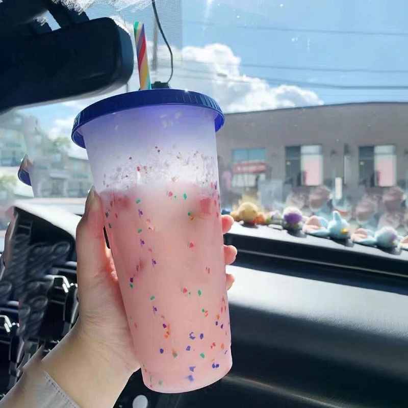 

New 700ml Temperature Color Change Cups Magical Confetti Reusable Plastic With Lid And Straw Cup For Cold Drinks Cup Accessories
