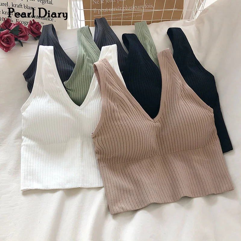 

Pearl Diary Bra Tops Summer V Neck Rib Crop Tank Top With Detachable Bra Pads Sleevelss Solid Color Backless Sporty Bra Top