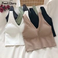 pearl diary bra tops summer v neck rib crop tank top with detachable bra pads sleevelss solid color backless sporty bra top