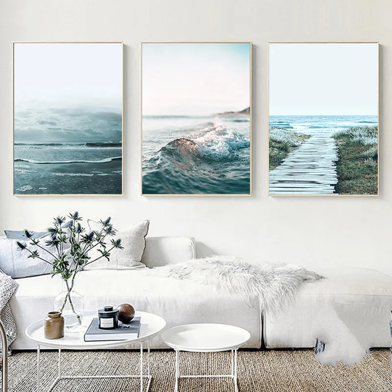 Скандинавский декор морской пляж волны Постер и печать настенное искусство