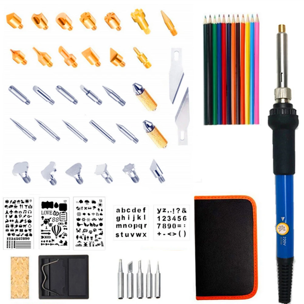 

60pcs Stencils Professional Soldering Iron Tool Electric Multifunctional Carving Pyrography Pencils Wood Burning Kit Embossing