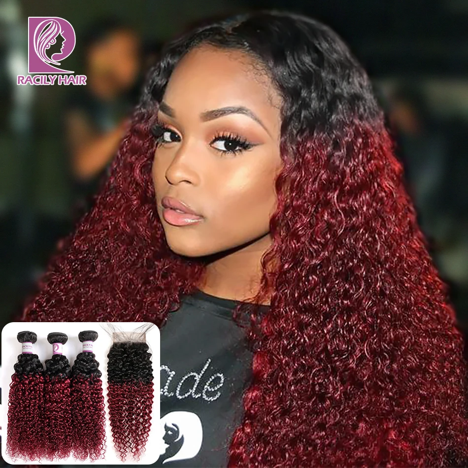 Racily Hair 1B/бордовый бразильские кудрявые вьющиеся человеческие волосы пряди с закрытием 99J Омбре пряди с закрытием красный Remy для наращивания