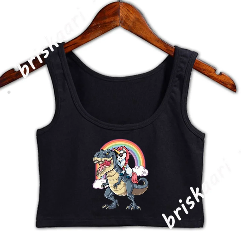

Кроп-топ женский с круглым вырезом, пикантный интересный жилет с единорогом, укороченный топ с динозавром для верховой езды, весна