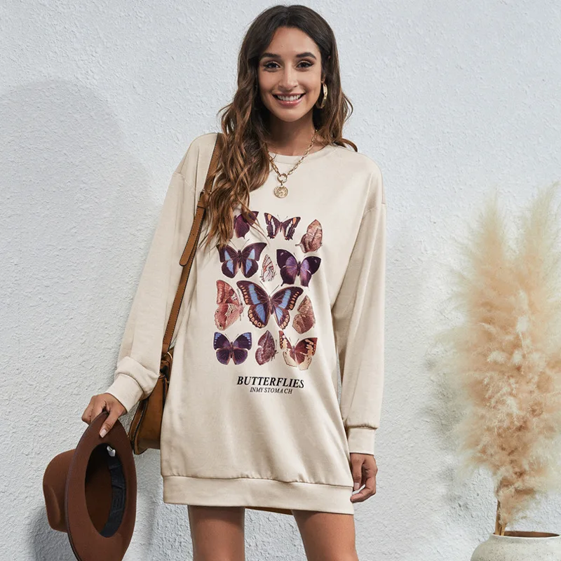 

Autumn Winter New Butterfly Print Sweatshirt Dress Women Long Sleeve O-neck Casual Loose Straight Korean Mini Vestido Streetwear
