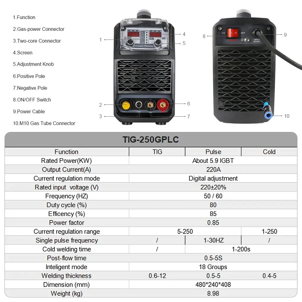 ANDELI TIG 250GPLC 110В/220В TIG/холодный/импульсный/чистый многофункциональный сварочный