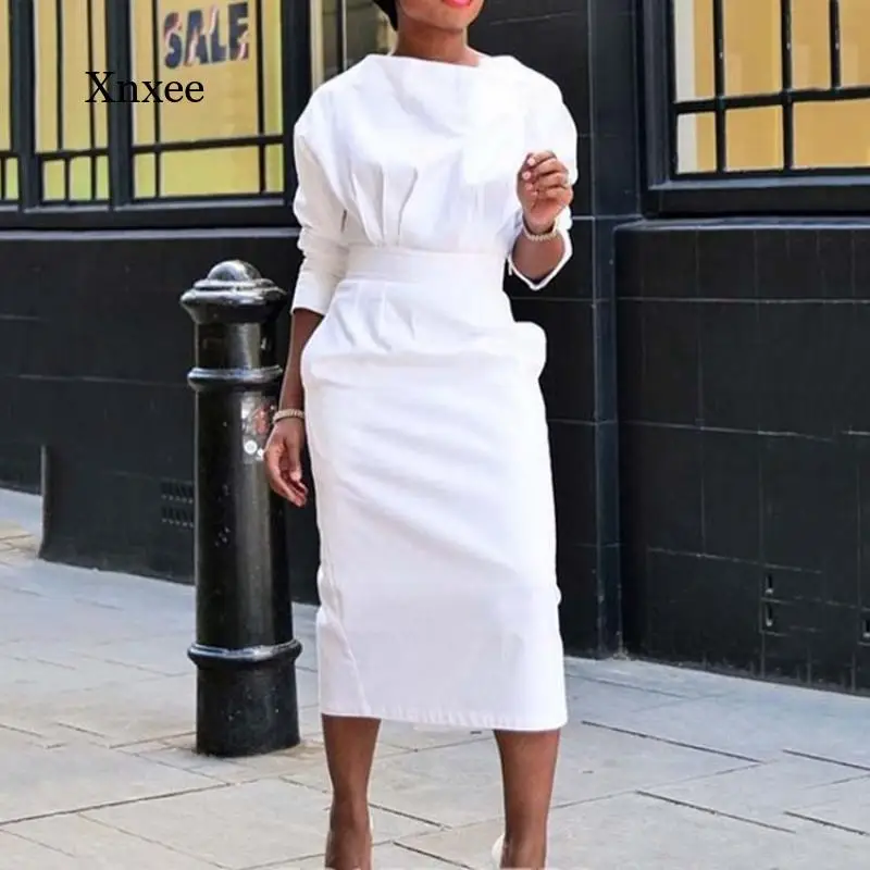 

Women's White Sexy Dress Club Halter Open Sweet Freedom Young Style Full Sleeve Ladies High Waist Straight Mid-Length Dress