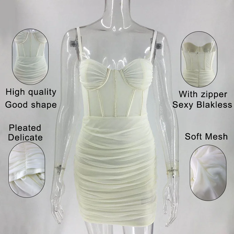 

Sexy Mesh Night Club Party Dress Women 2020 Summer Spaghetti Strap Backless Bodycon Mini Dresses Elegant Ruched Vestidos