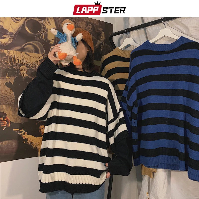 LAPPSTER Men Harajuku Oversized Sweater Fall Pullover Man Fake Two Pieces Streetwear Sweater Korean Fashion Striped Clothes
