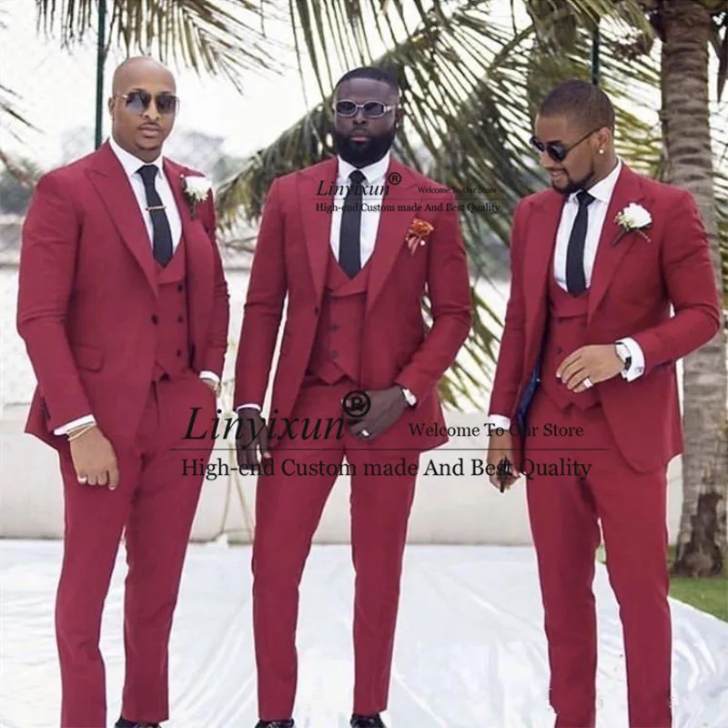 

Dark Red Slim Fit Groomsmen Tuxedos Business Party Prom Men Suits Bridegroom Suits For Wedding Spring 2020 Jacket Pants Vest