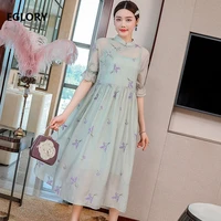 high quality brand embroidery dress 2021 spring summer fashion 2 piece dress for women half sleeve mid calf green pink dress