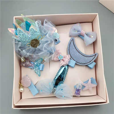 Crown Blue 10 шт./кор. головные уборы для девушек набор бант Корона кружева заколки для волос кролик Лебедь заколки для волос с фигурками животных Детские аксессуары для волос подарок в коробке - Цвет: Crown Blue