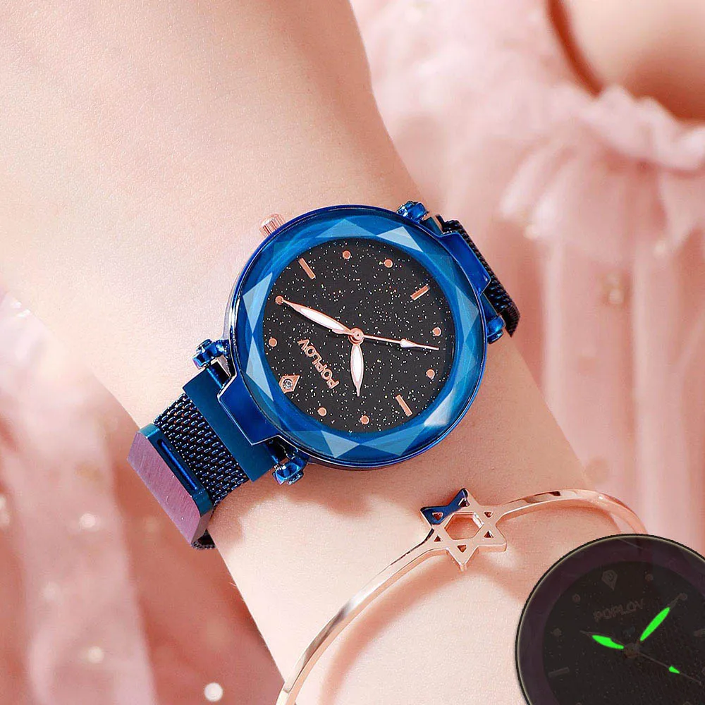 Звездное небо женские кварцевые часы 2019 светящаяся огранка камня цветок