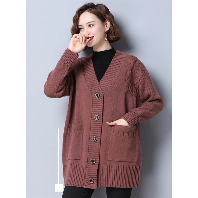 Женский свободный кардиган повседневный длинный вязаный свитер серого бежевого