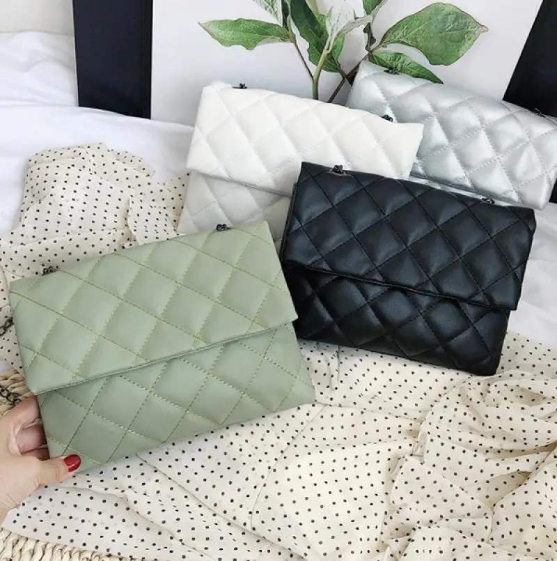 

Solid Leather Envelope Crossbody Bags Women Rectangle Shoulder Bag With Chain Sewing Thread Decoration Female Small Handbags