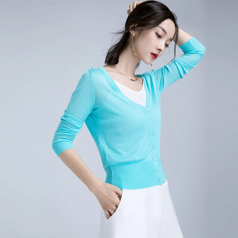 Женская тонкая куртка с длинным рукавом синий зеленый однобортный Кардиган