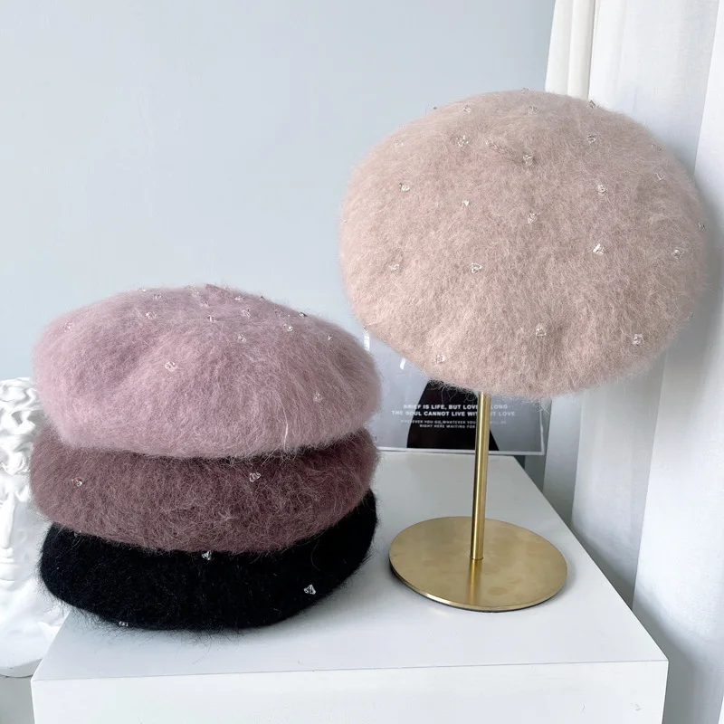 

Gypsophila Diamonds Angora Rabbit Wool Beret Hat Female Autumn and Winter Warm Painter Hat Pure Color Simple Stewardess Hat