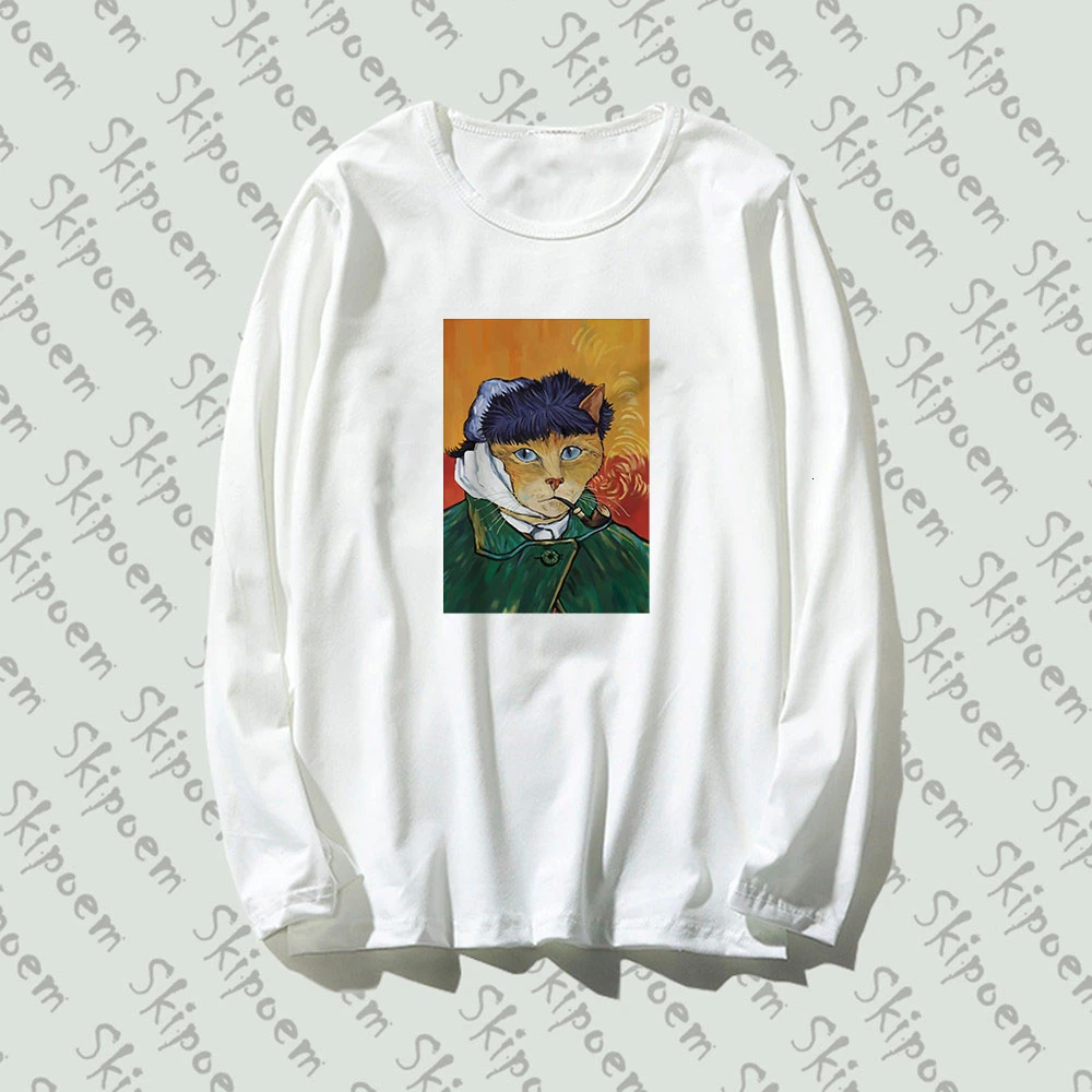 Черно-белая забавная Длинная женская футболка с изображением кошки Ван Гога