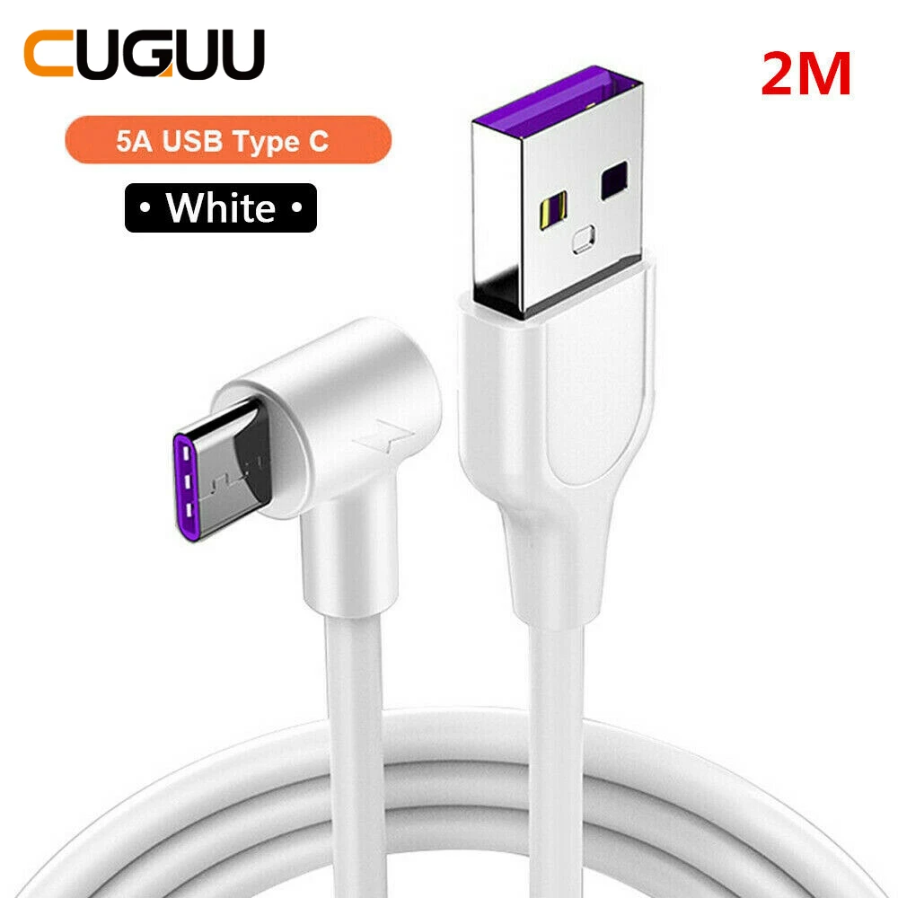 White 5А usb type-C кабель для быстрой зарядки для Xiaomi 90 Угол зарядного устройства кабели для передачи данных 1 м 2 м type-C провод зарядное устройство для телефона huawei mate - Цвет: White