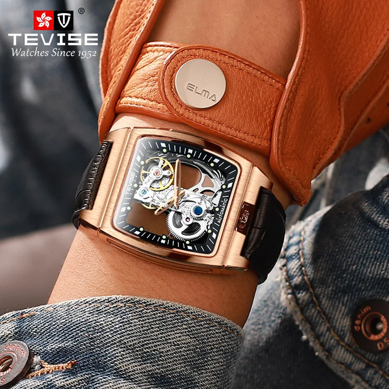 

Tonneau Case Golden Vintage Watch Mens Top Brand Luxury Automatic Mechanical Watch Men Leather Business Watches 2020 NEW