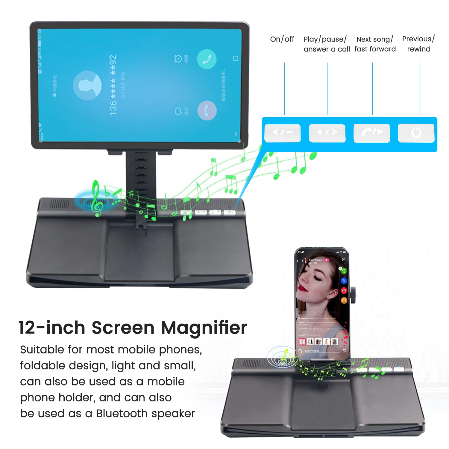 2 in 1 foldable mobile phone stand holder 12 inch phone screen magnifier with bluetooth speaker hd anti blue cell phone screen a free global shipping