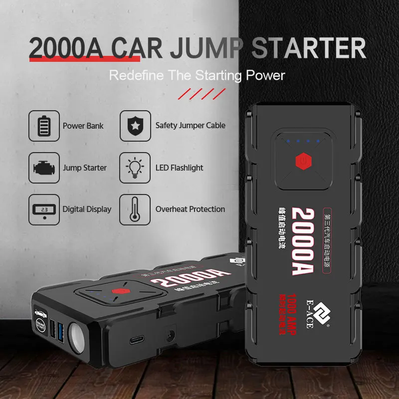 e ace 2000a car jump starter portable power bank 7l6 5l emergency car booster device phone charge starter power for suv vehicle free global shipping