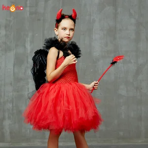Платье-пачка с крыльями рога красного дьявола на Хэллоуин для девочек, маскарадное платье с малиновым демоном, карнавальный костюм