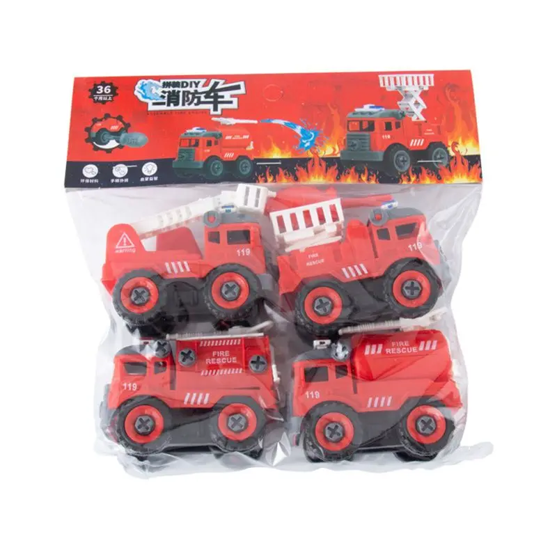 

4pcs Construction Toy Engineering Car Fire truck Screw Build and Take Apart Great for Kids Boys