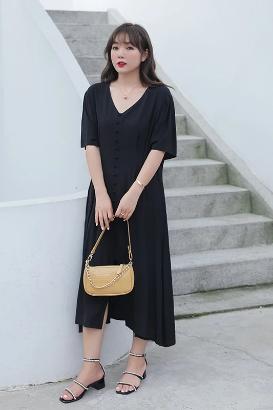 

COIGARSAM 3XL Plus Size Loose Women Long dress High Waist V-Neck Dresses Black 589