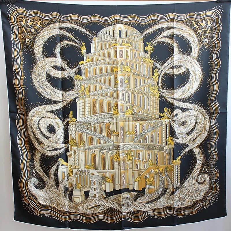 100% Twill Silk Scarf Unisex Man Women Vintage Tower Print Shawl Hijab Hand Rolled Kerchief Bandana 35
