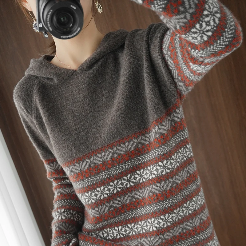 

Pullover Pure Cashmere Sweater Female 2021 Youth Spring and Autumn Hooded Collar Fashionable Warm Knit Low Waist Jersey