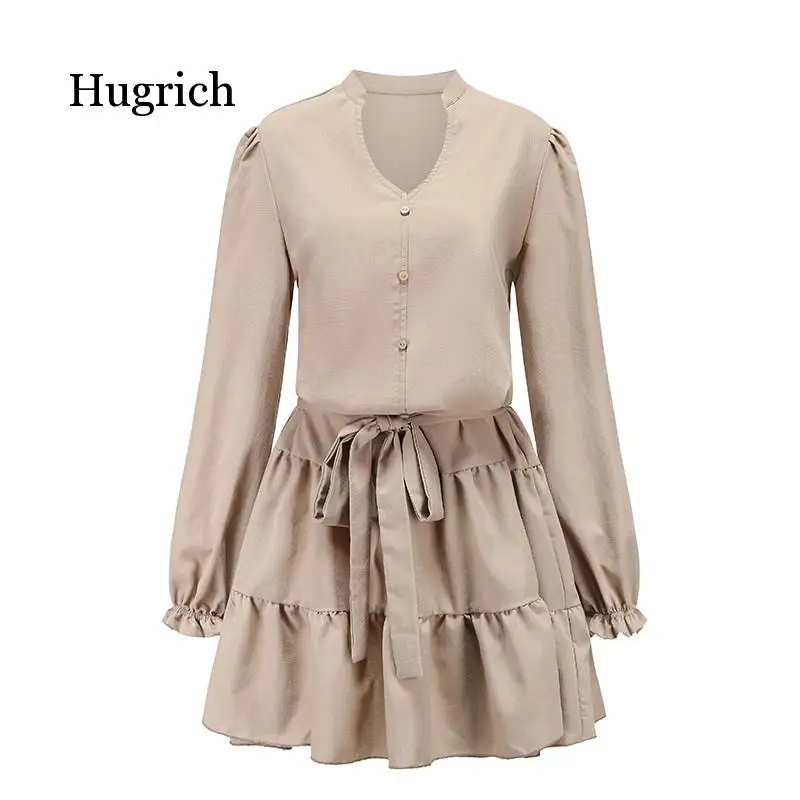 

A-Line V-Neck Short Ruffle Mini Dress Women Front Button Fashion Street Wear Casual Dresses Ladies Daily Clothes